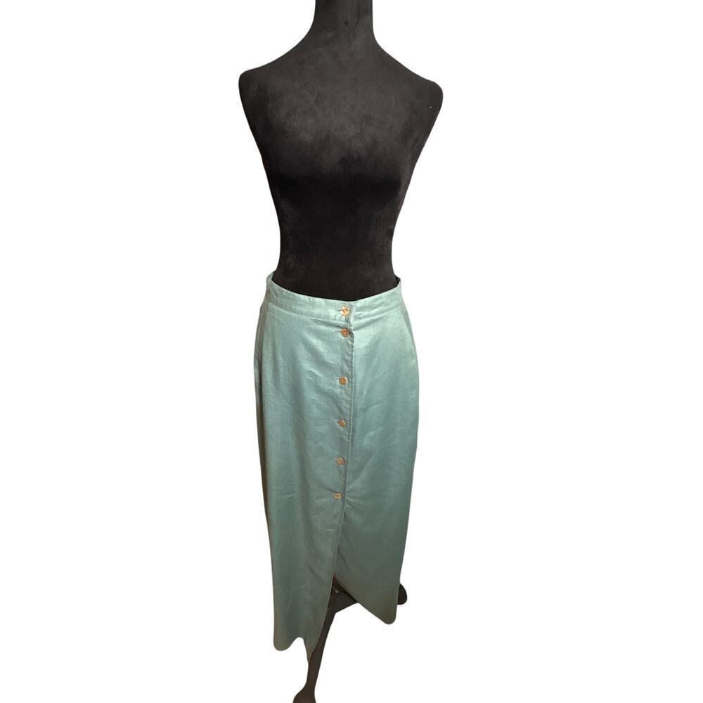 Vintage Green 100% Linen Button Front Skirt 10